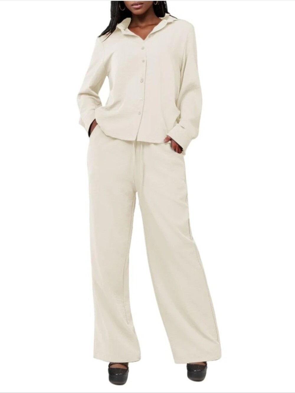 Cream Wide-Leg 2 Piece Set with Drawstring Waist